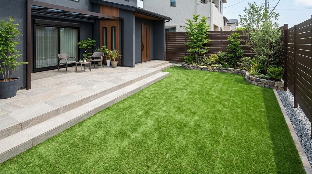 人工芝の庭とタイルデッキを組み合わせた住宅の外構施工例