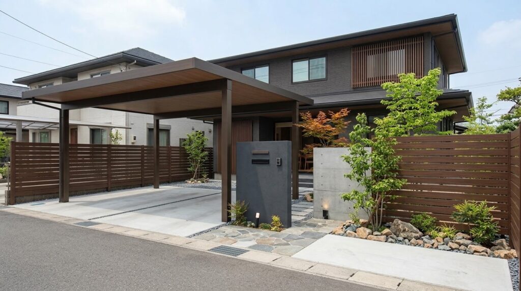 フラット屋根のカーポートと門柱・植栽を組み合わせた住宅の外構