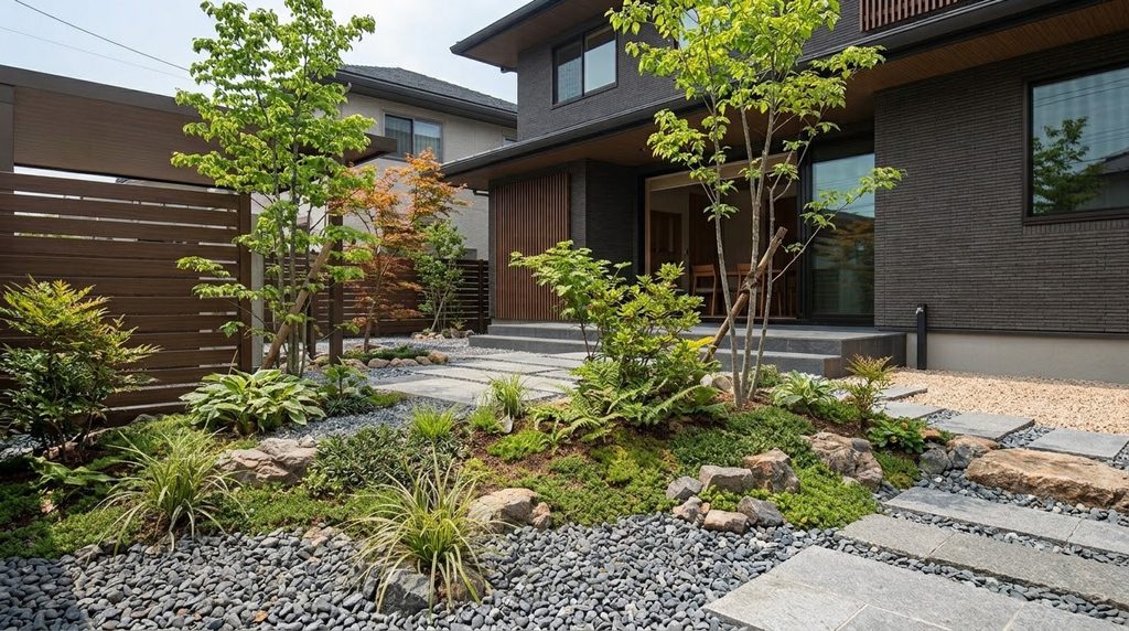 植栽・石・砂利を組み合わせた和モダン住宅の庭の施工例